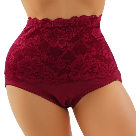 Wysoki Stan Majtki Damskie Figi Plus Size z Koronką 5XL bordowe