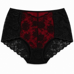 Majtki Damskie Bawełniane Figi Wysoki Stan z Koronką 2XL Czarno-czerwone