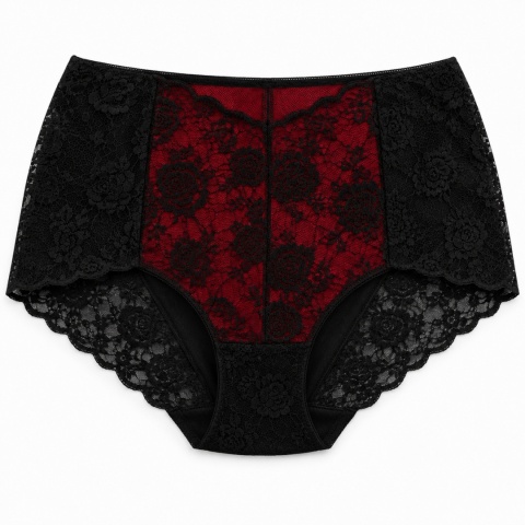 Majtki Damskie Bawełniane Figi Wysoki Stan z Koronką 4XL Czarno-czerwone